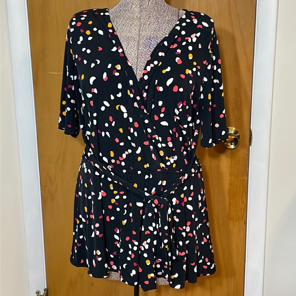 Lane Bryant Womens 14/16 Deep V-Neck Tunic Short Sleeve Blouse Belt